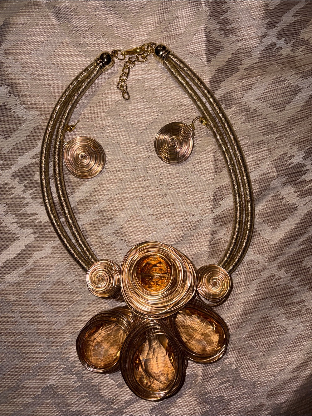 Gold-Tone Statement Necklace and Earring Set with Amber Accents